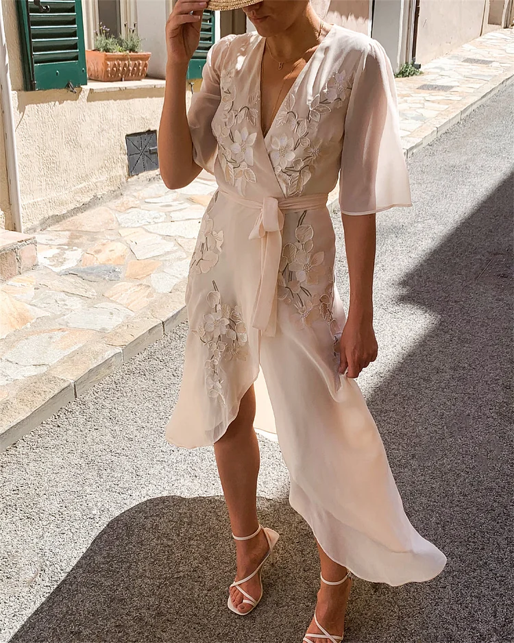 Women's V-neck Embroidered Print Irregular Chiffon Dress