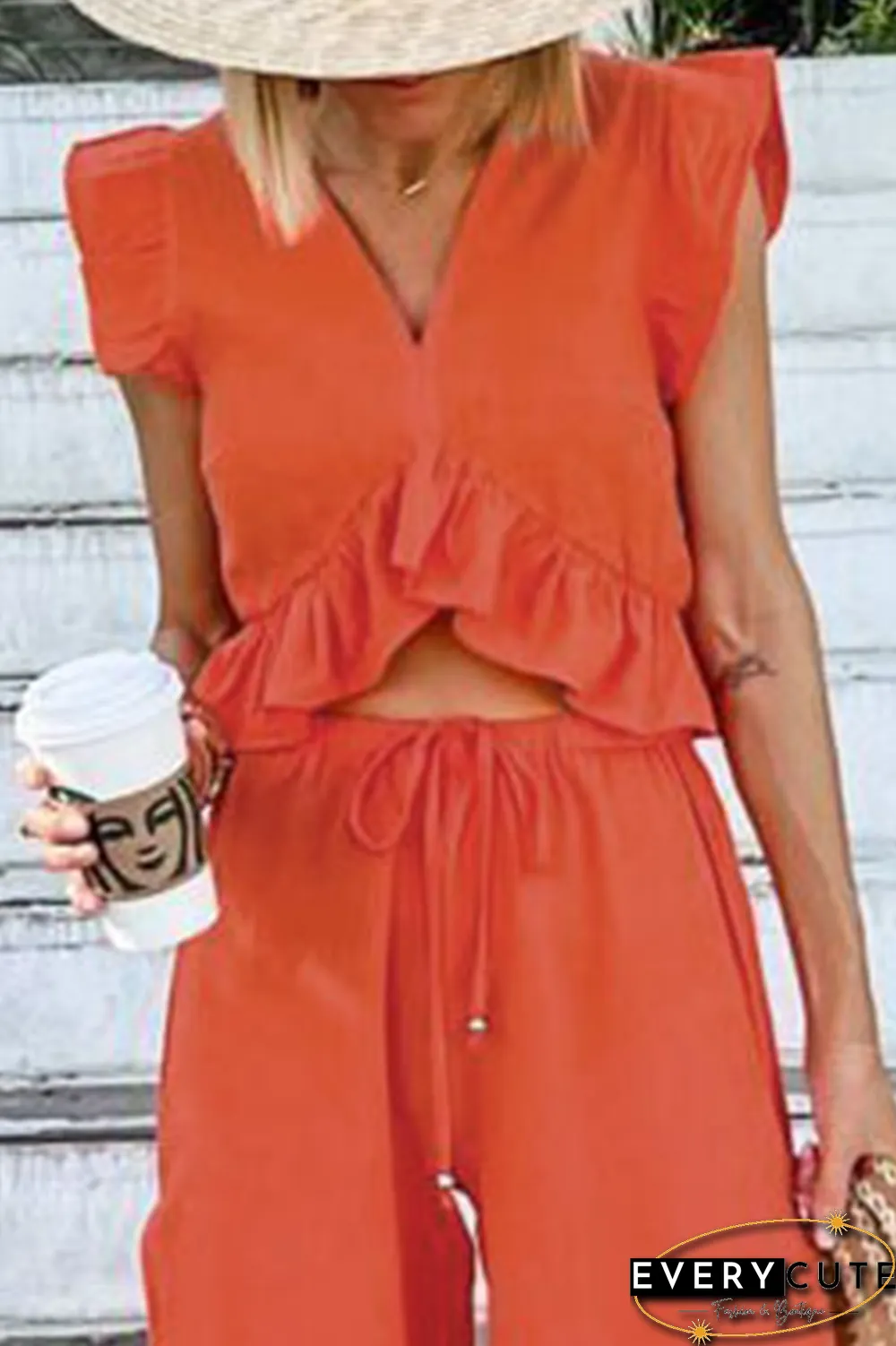 Casual Solid Flounce V Neck Sleeveless Two Pieces(9 Colors)