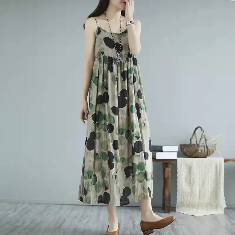 Brownm Brownm Summer Halo Staining Wave Point Long Sling Dress Large Swing Temperament Flowing Thin Literary Long Dress