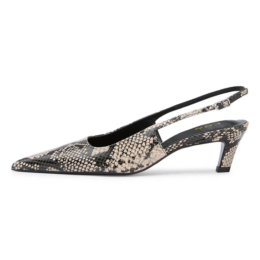 YDN Pointed Toe Python Print Kitten Heel Buckle Strap Slingback Pumps