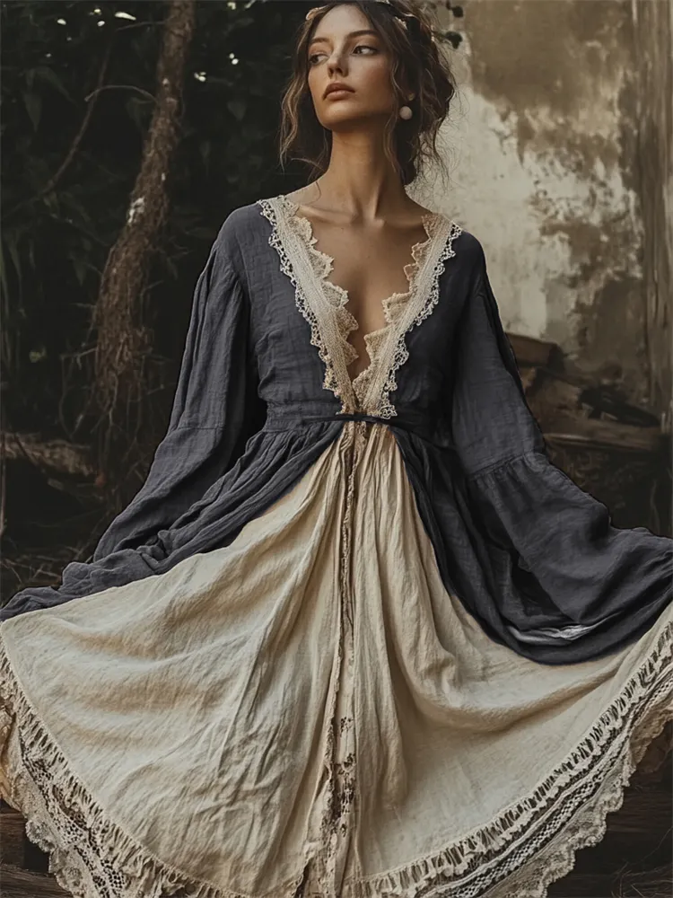Lunivibe Vintage Lace Hem Contrast Patchwork Linen Maxi Dress