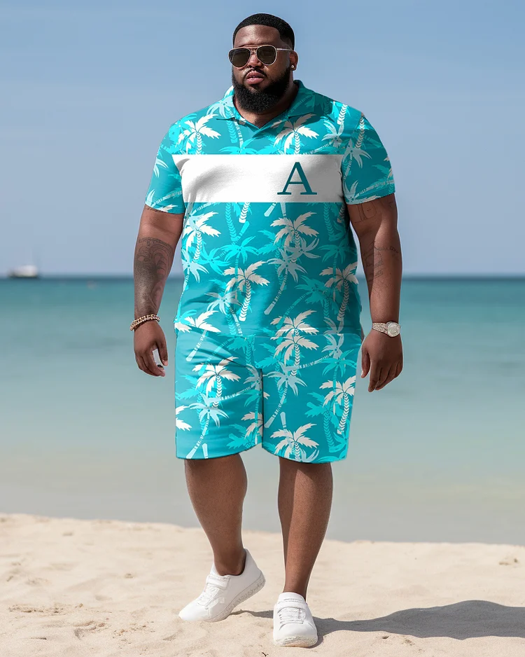 Men's Plus Size Hawaiian Tropical Plant Alphabet Print Polo Shirt Shorts Suit