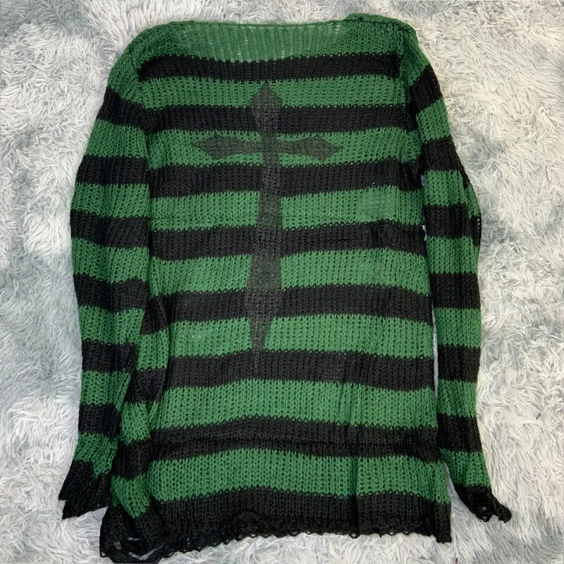 Plus Size Punk Gothic Long Unisex Sweater Dress Women Man Striped Cool Hollow Out Hole Broken Jumper Loose Rock Thin Sweter 2021