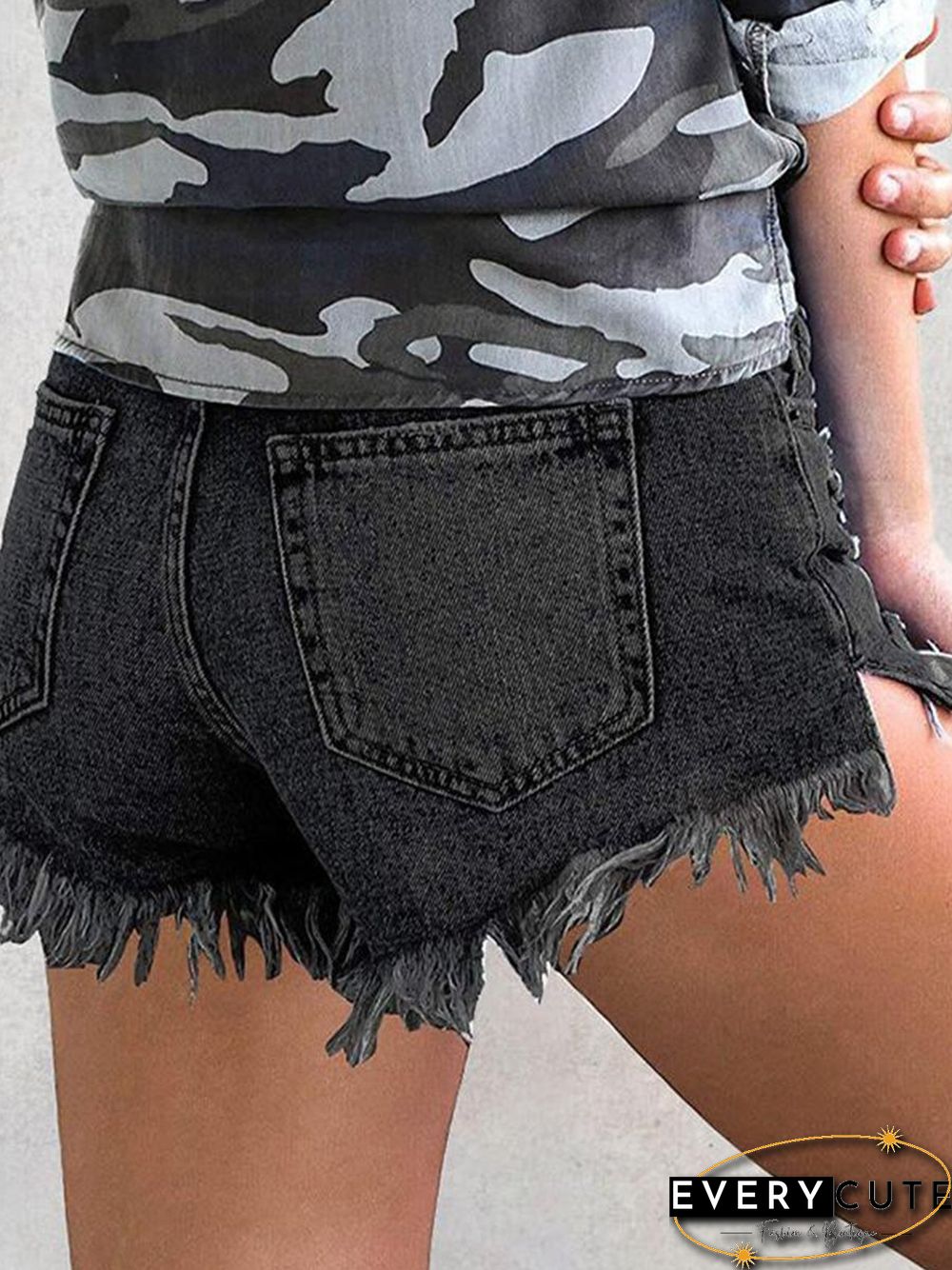 Ripped Fringed Stretch Denim Shorts P14394