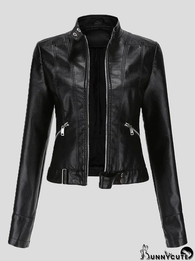 Women's Jackets Short Stand-Up Collar Zipped Leather Jacket