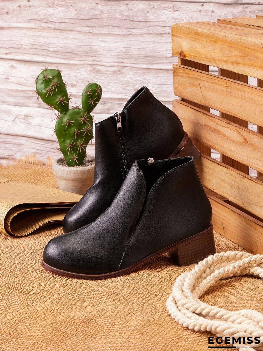 Retro Distressed Polished Color Zipper Thick Heel Pointed Ankle Boots | EGEMISS
