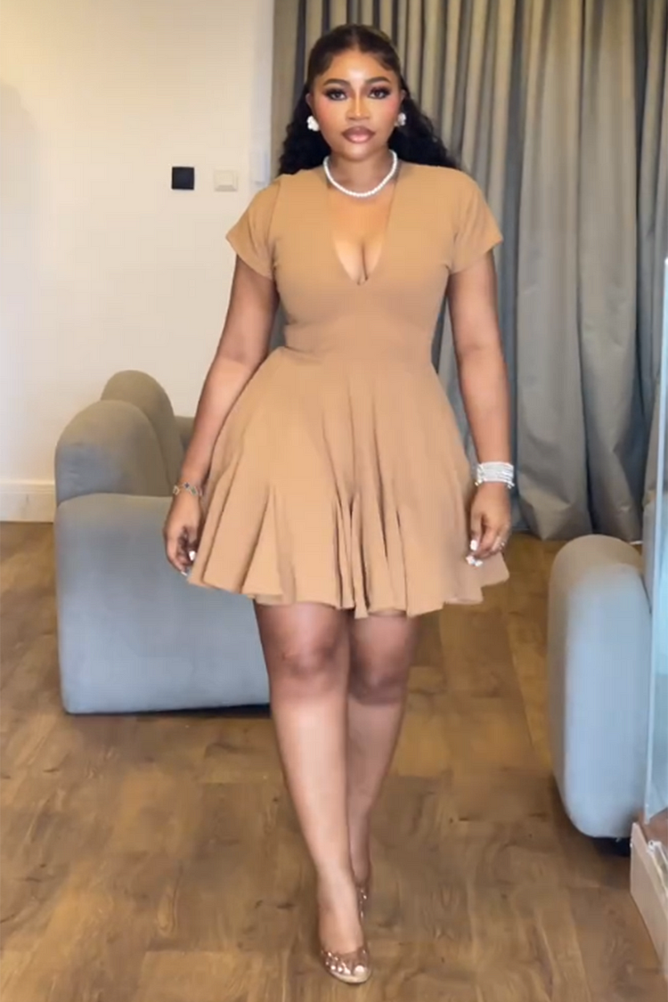 Deep V Neck Short Sleeve Solid A-Line Daily Mini Dresses-Khaki