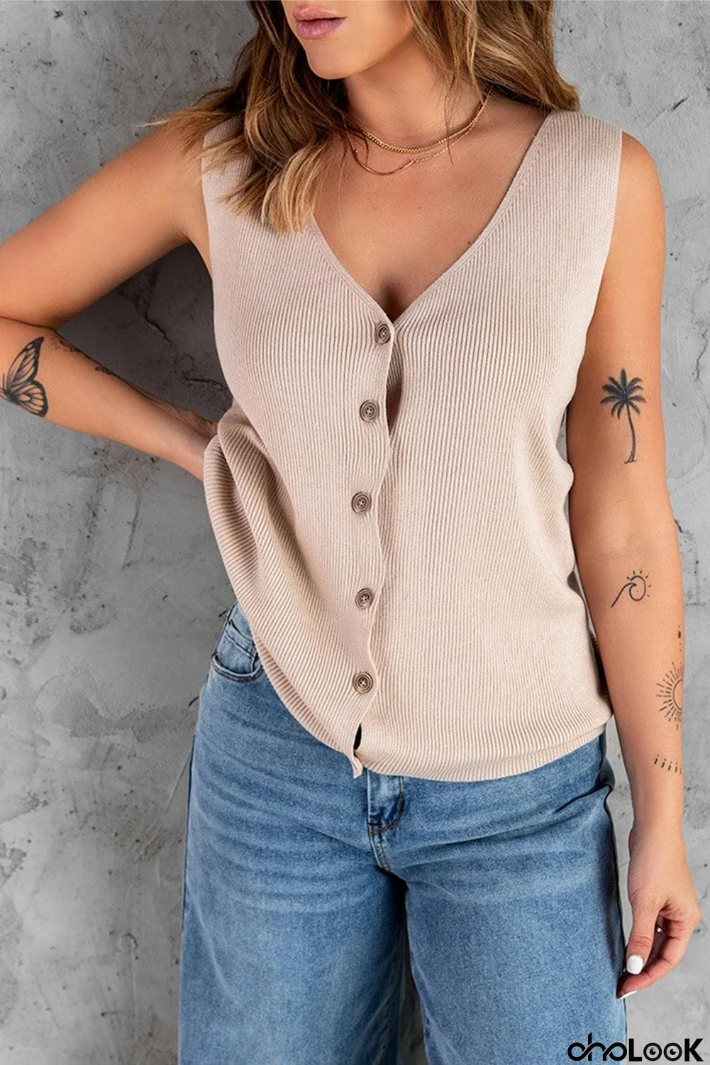 Button Front Ribbed Sleeveless Top