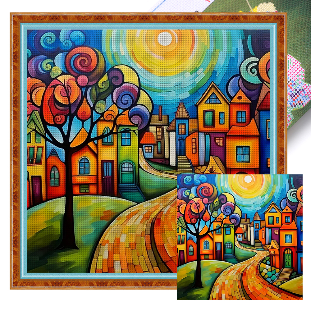 Colorful Houses Full 14CT Pre-stamped Canvas(40*40cm) Cross Stitch