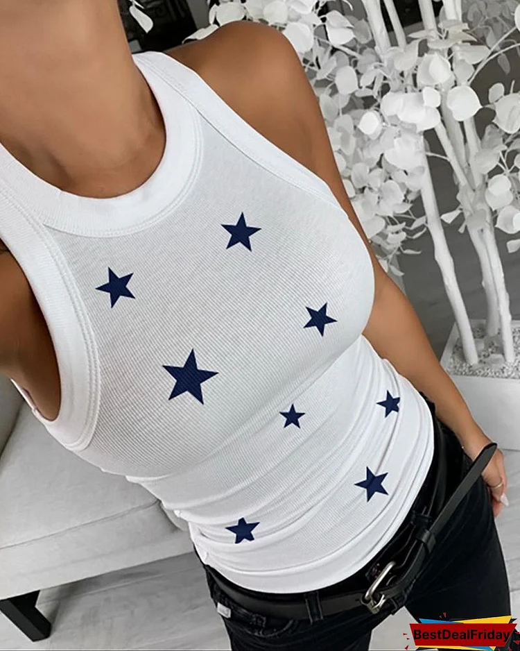 Summer Sleeveless Basic Cami Top Shirt Slim Knit Ribbed Racerback Blouses Star Print Tank Tops P6460790609