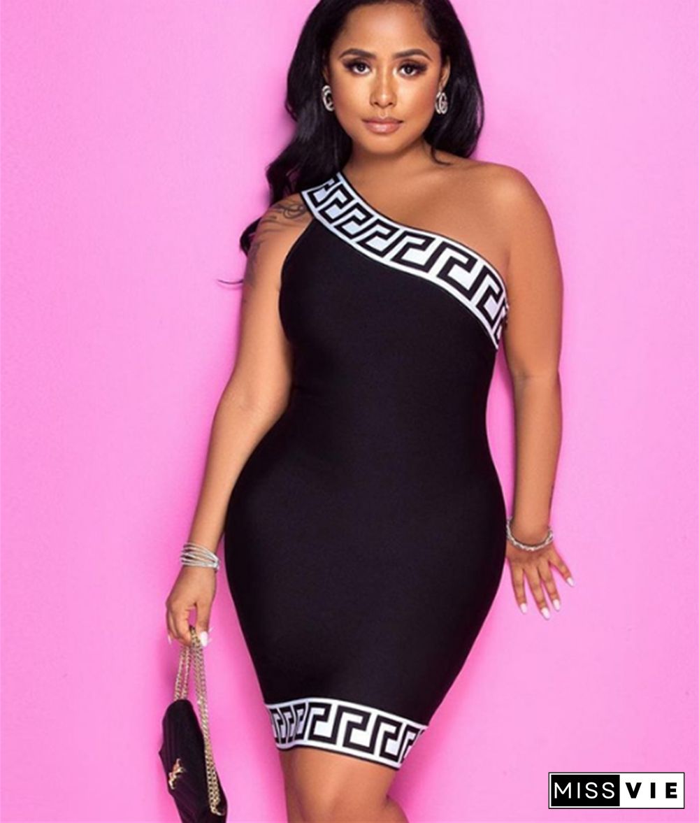 One Shoulder Sleeveless Patchwork Skinny Dress