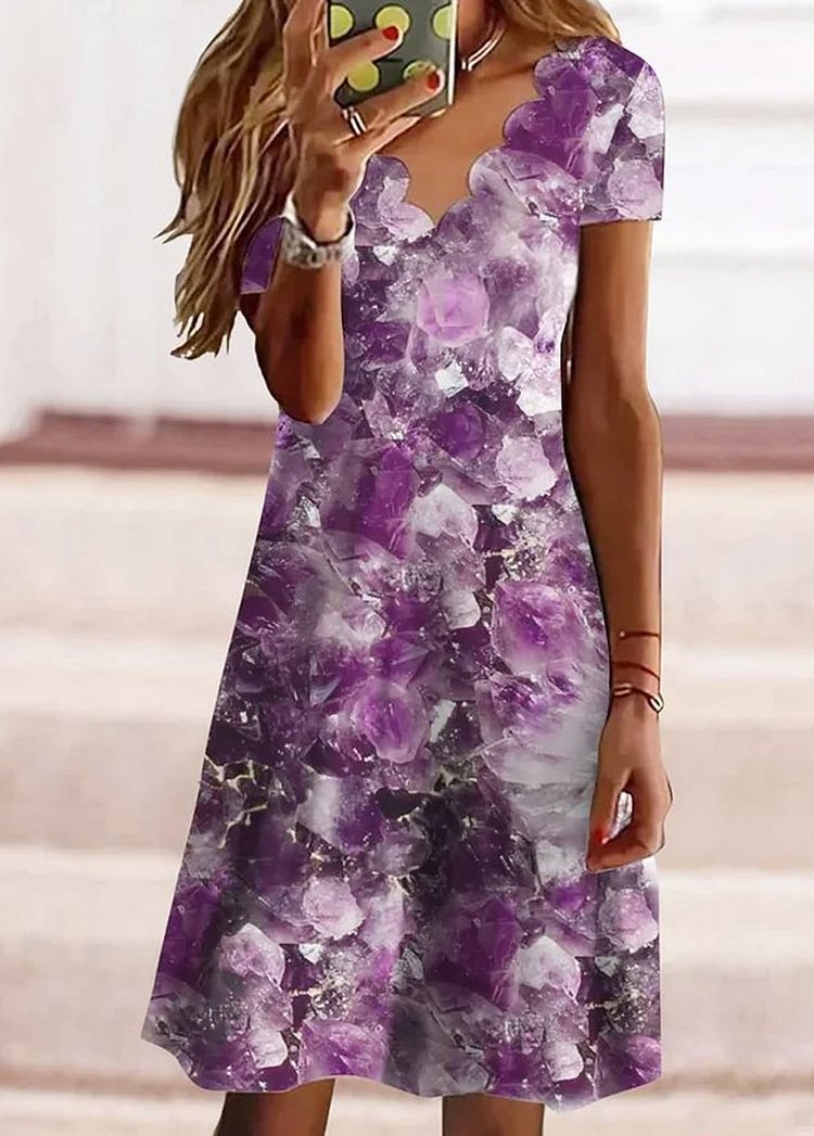 Print V Neck Short Sleeve Dress