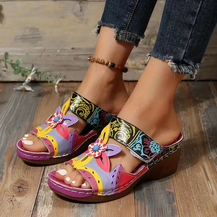 Women's Ethnic Style Wedge Sandals, 2023 Chic Flower Decor Shoes