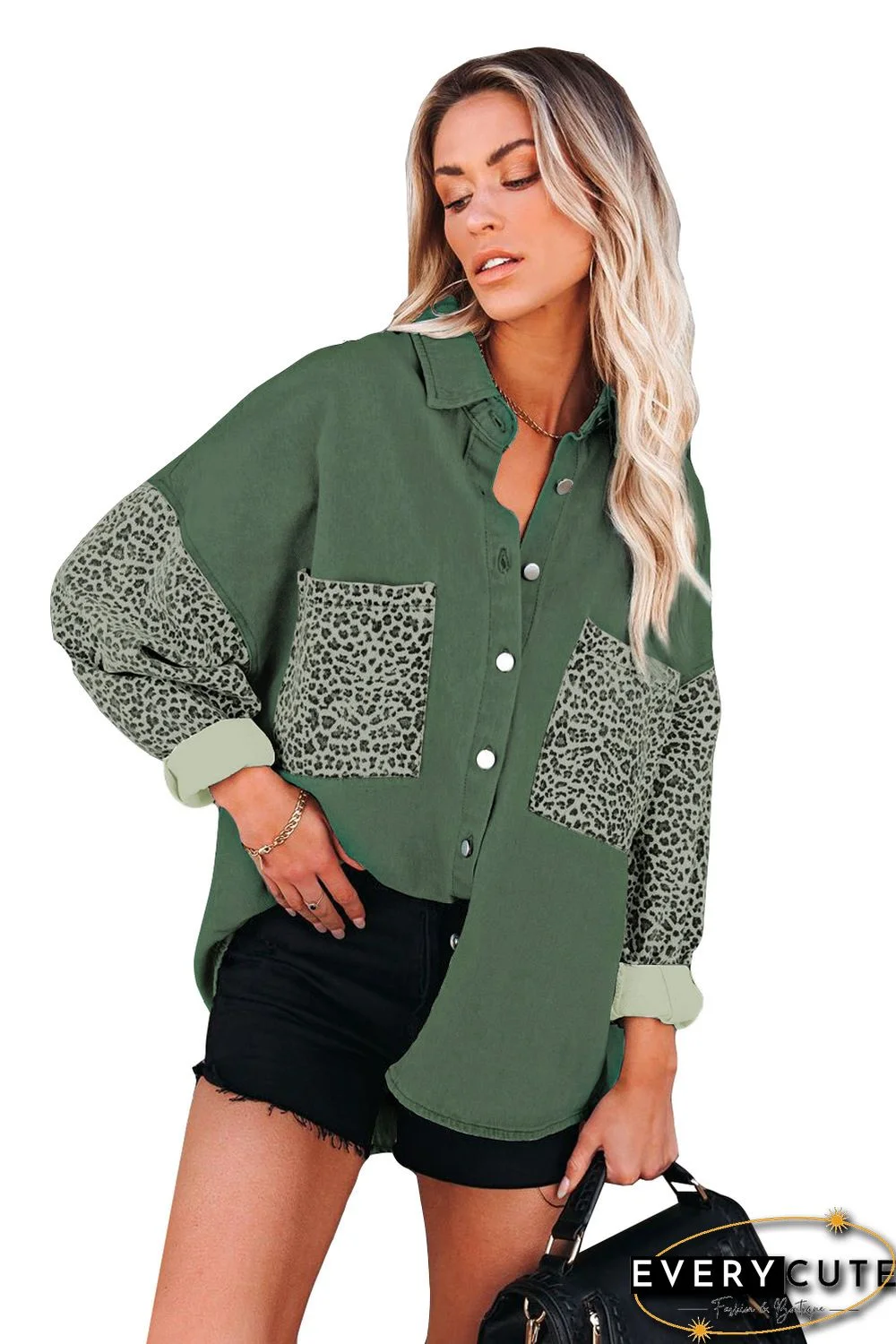 Green Contrast Leopard Denim Jacket