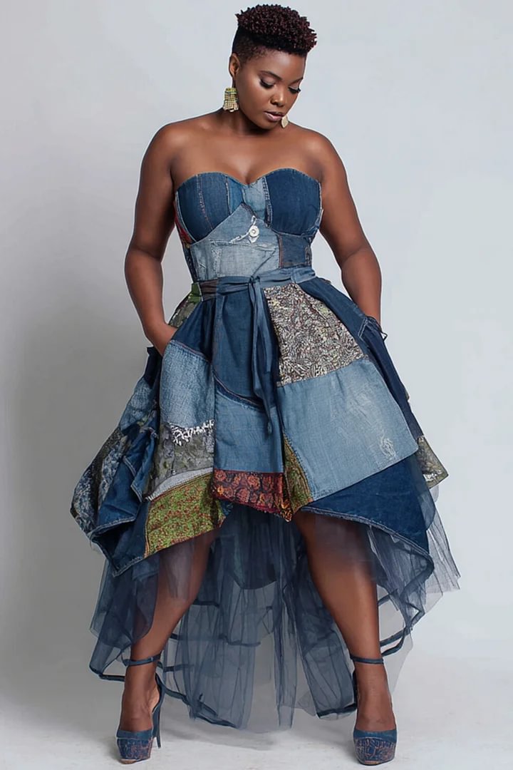 Xpluswear Design Plus Size Party Blue All Over Print Pocket High Low Hem Tulle Midi Dresses 2024 - Xpluswear