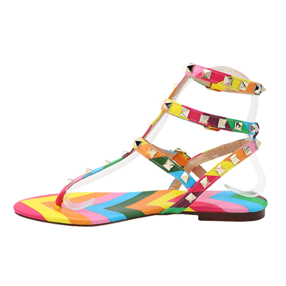 Women's Studded  T-Strap Strappy  Thong  Flats Sandals-vocosishoes