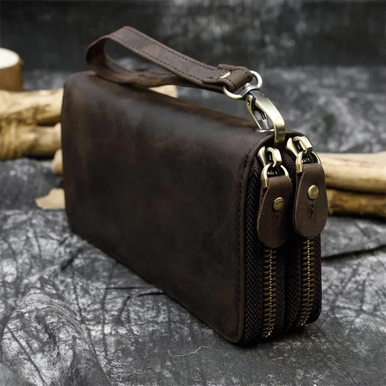 Inongge Crazy Horse Leather Purse for Men Clutch Purse Double Zipper 24 Card Holders Vintage Billetera Genuine Leather Long Wallet