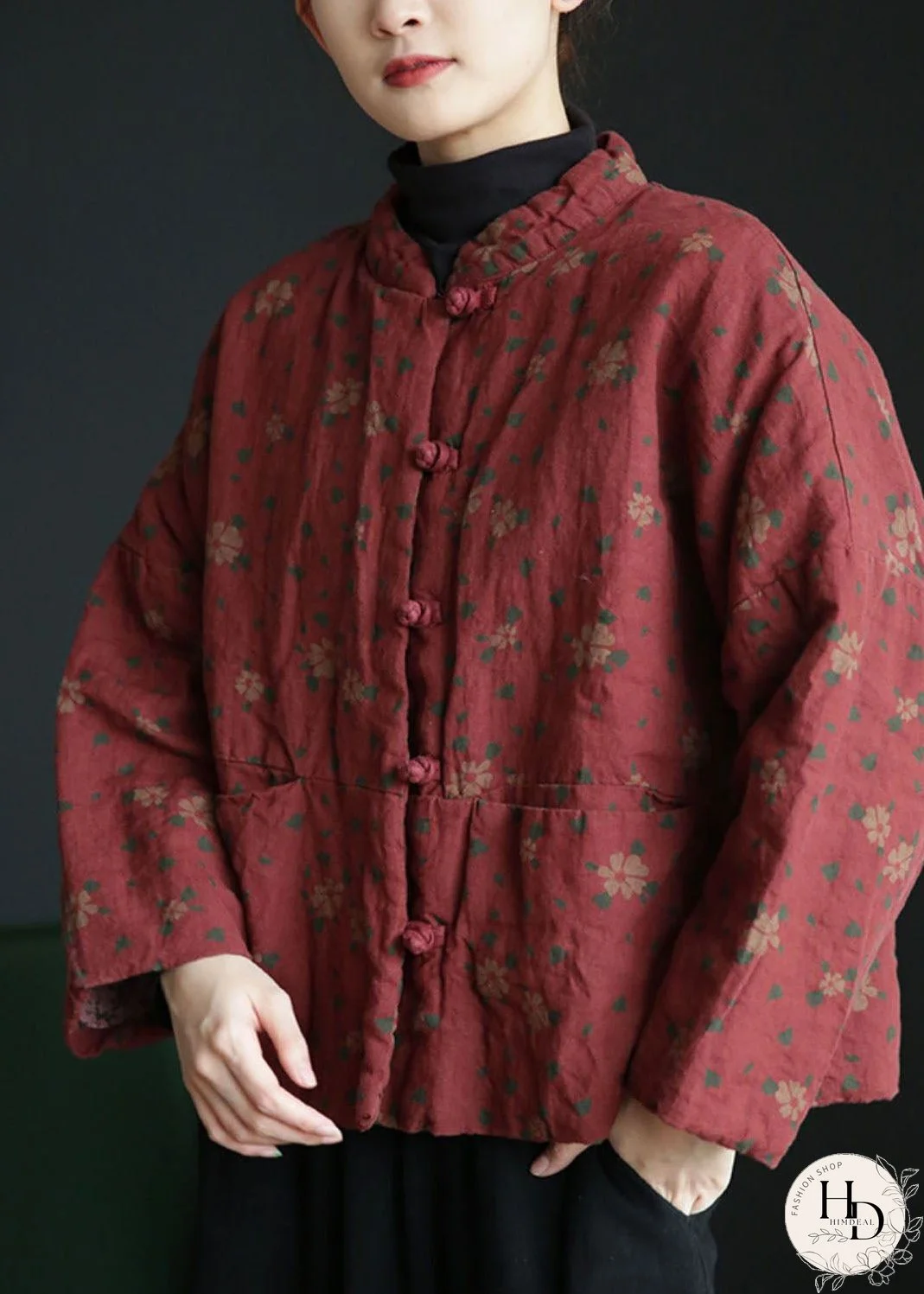 Vintage Brick Red Stand Collar Print Cotton Filled Jackets Winter