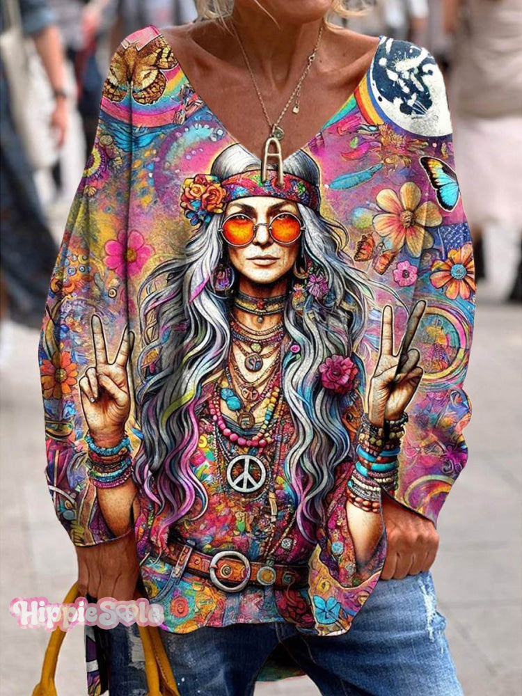 Women’s Hippie Peace And Love Art Print Casual Sweatshirt Multicolor / S