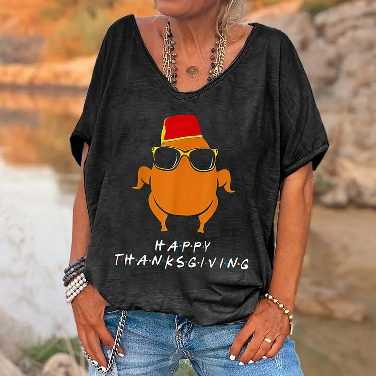 Happy Thanksgiving Print V-Neck T-Shirt
