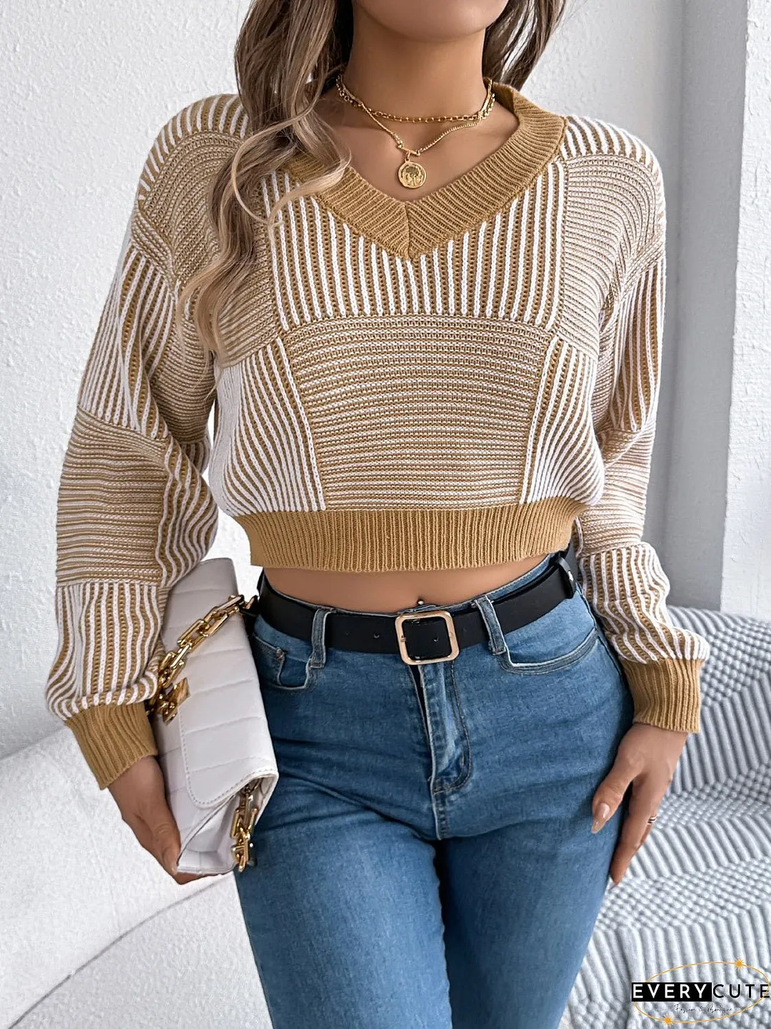 Striped V-Neck Long Sleeve Sweater