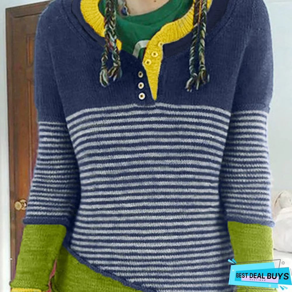 Striped Vintage Round Neck Color-Block Sweater