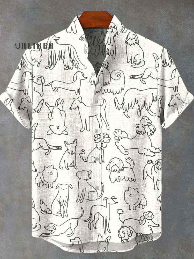 Simple Black and White Dog Pattern Vintage Print Casual 100% Cotton Shirt