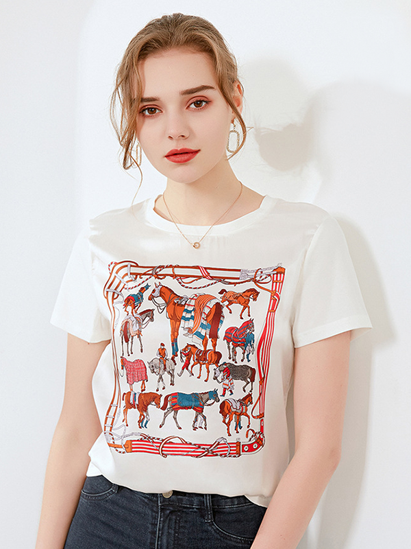 Silk T-shirt Printed Retro Pattern Style-Real Silk Life