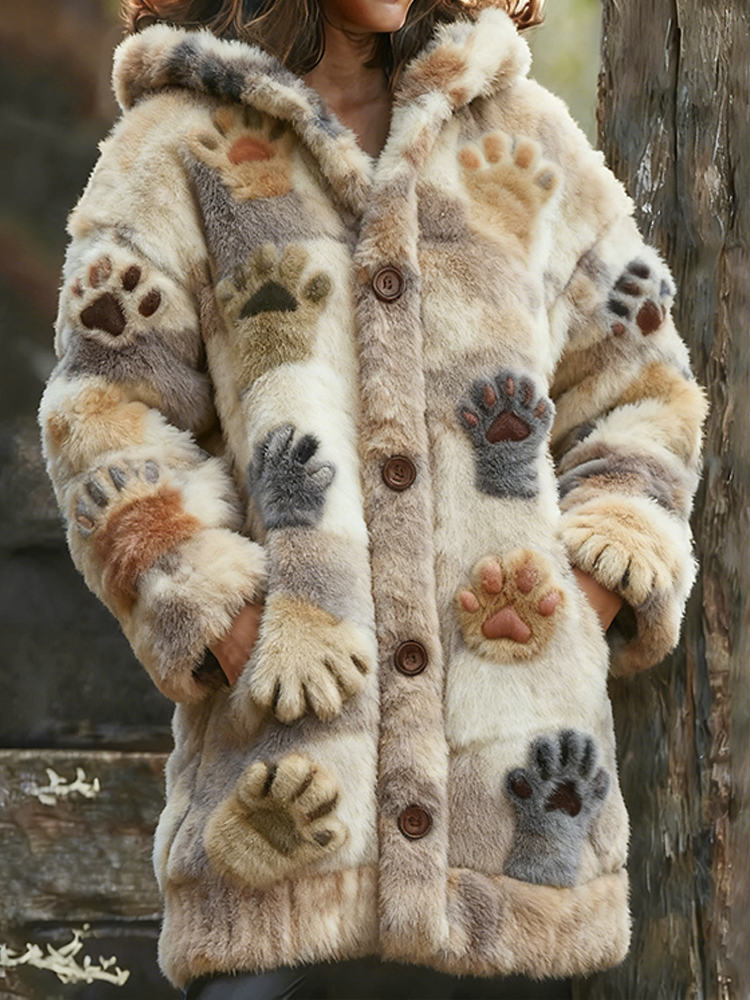 Cute Cat Paw Tie-dye Plush Long Hooded Cardigan elevenforest