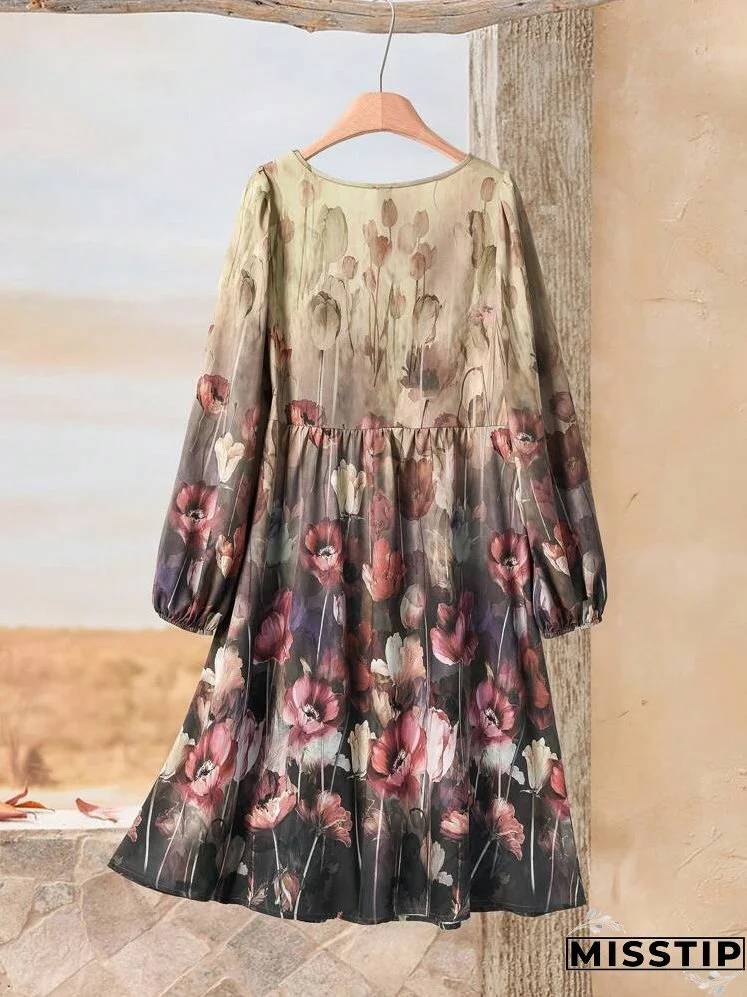 Women's V-Neck Floral Print Elegant Long Sleeve Short Dress