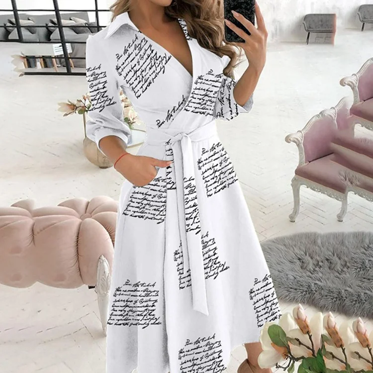 Brownm Brownm New Fall 2024 Fashion Print Long Sleeve V Neck / Hip Commuter Dress 661