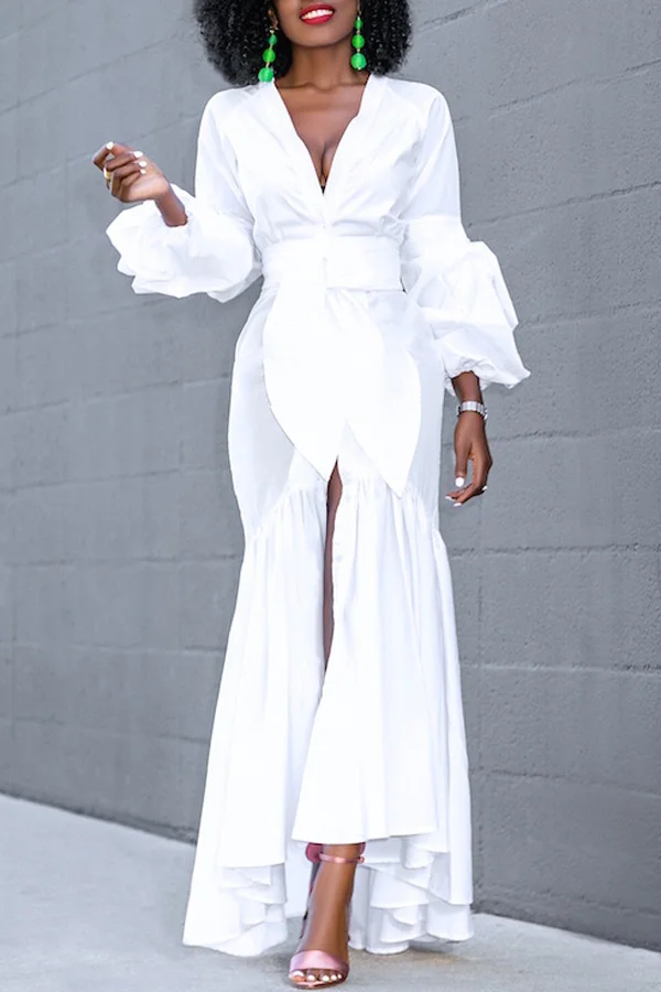 Fashion Temperament Sexy Pile Sleeves White Dress
