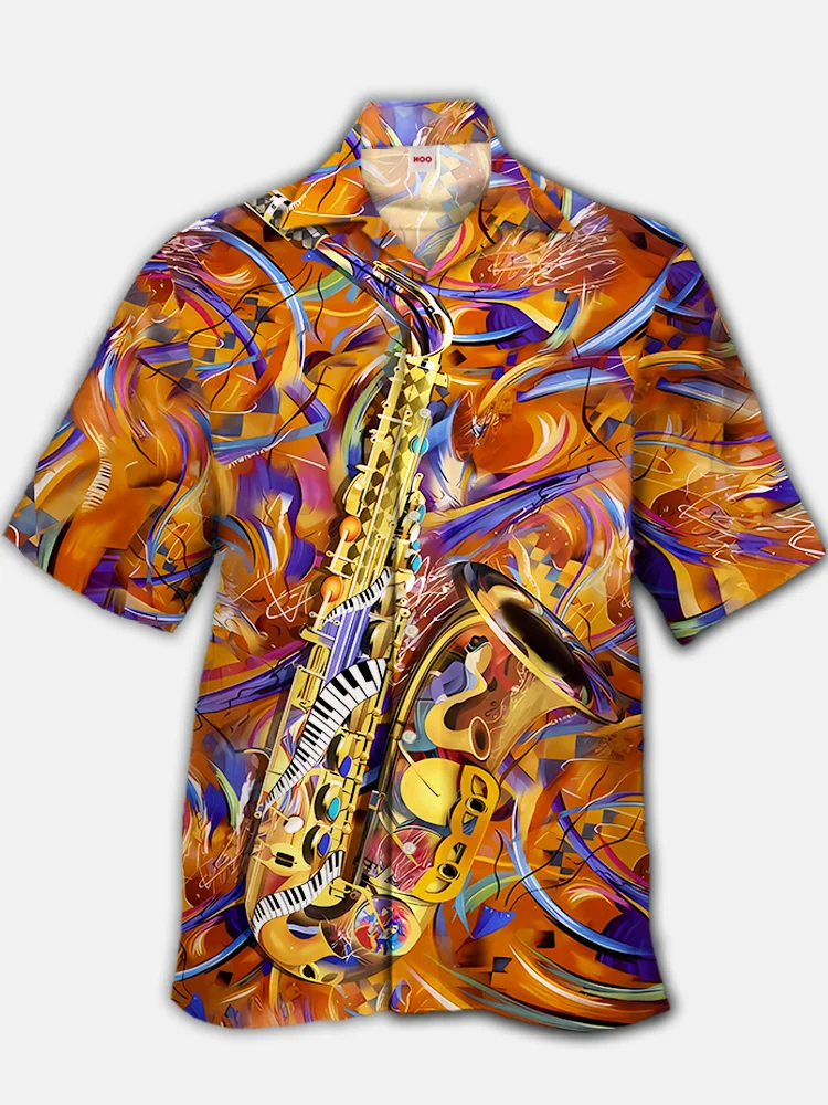 Eye-Catching Stunning Style Orange Graffiti Background Saxophone And Flowing Piano Keys Printing Cuban Collar Hawaiian Short Sleeve Shirt BestDVibe