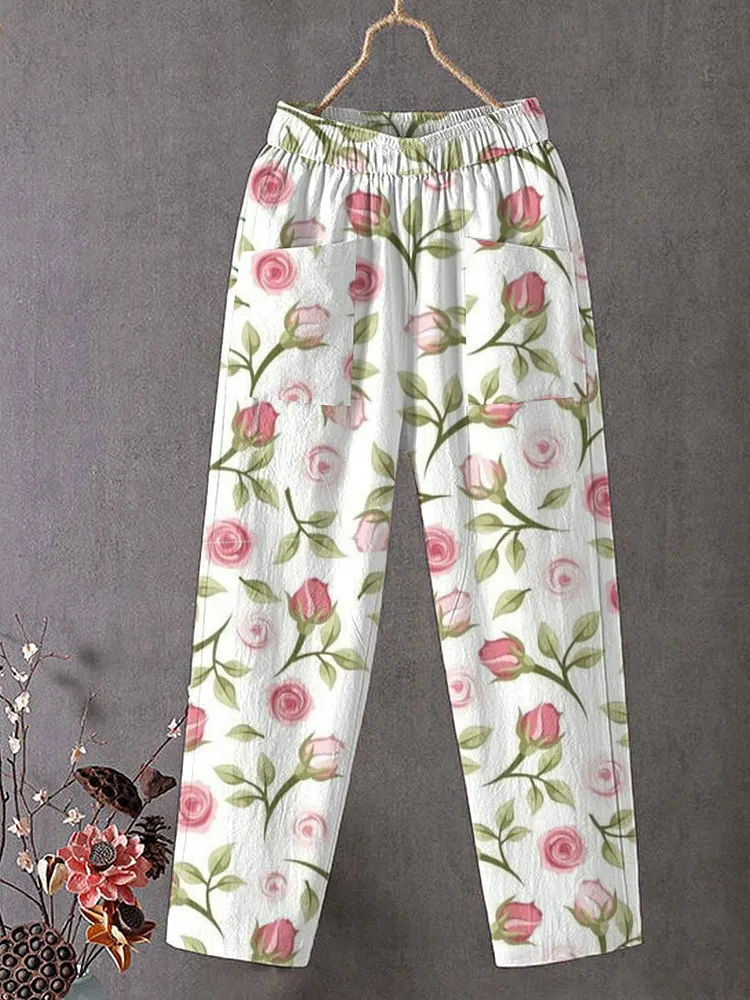 Women's Vintage Flower Art Print Cotton And Linen Casual Pants