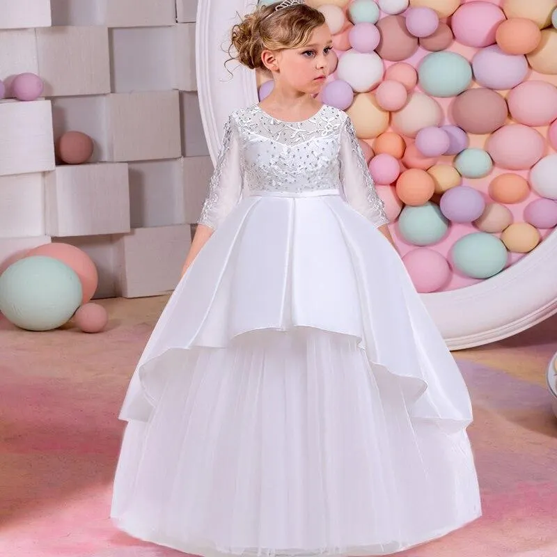 2021 Summer Long Sleeve Flower Girl Dress Elegant Kids Dresses For Girls Party And Wedding Bridesmaid Princess Dress 10 12 Years