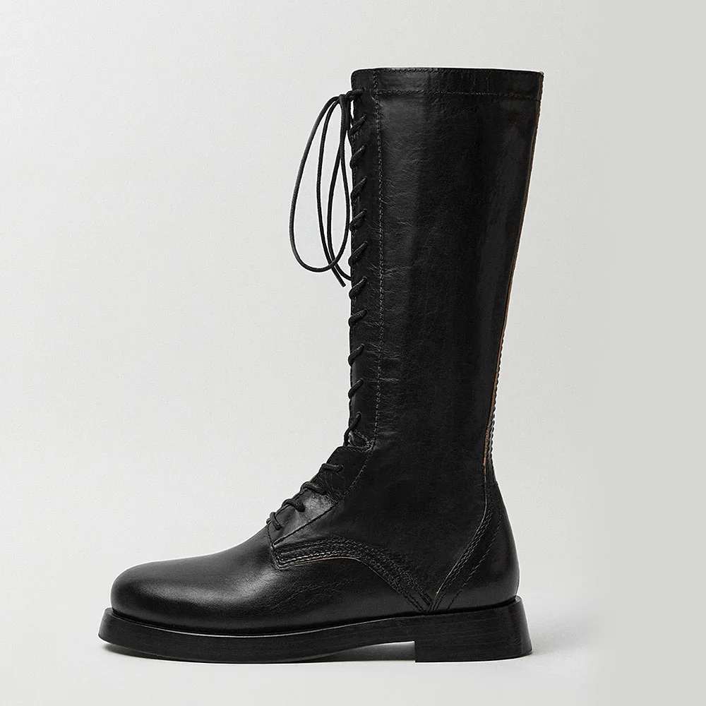 Women's Black Round Toe Block Low Heel Mid Calf Lace Up Boots with Zip