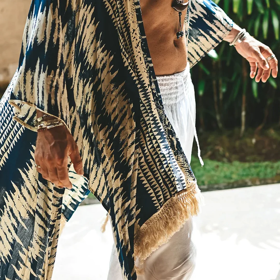 Linen Tribal Print Robe Kimono-inspireuse