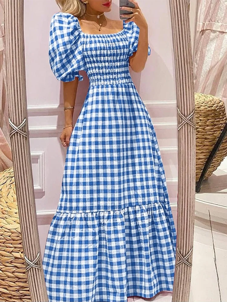 Long Maxi Dress VONDA 2022 Summer Women Casual Short Sleeve Square Collar Vintage Plaid Party Bohemian Vestidos Loose Sundress