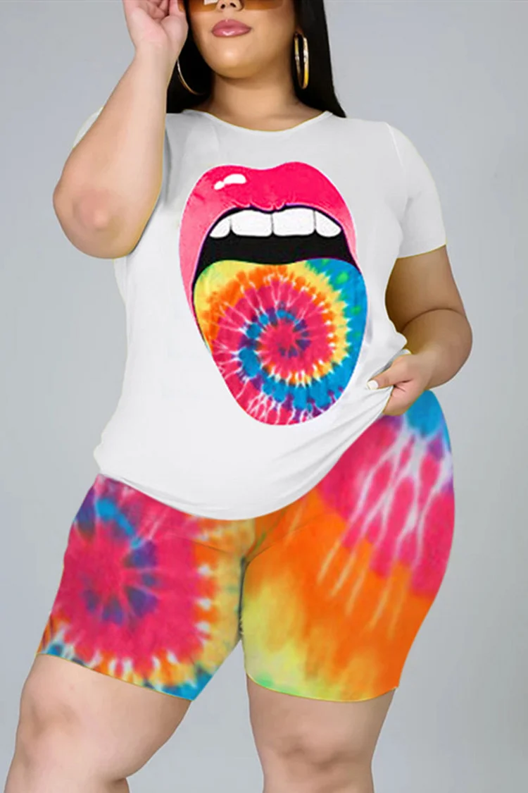Red Fashion Casual Printed Plus Size Short Sleeve Set