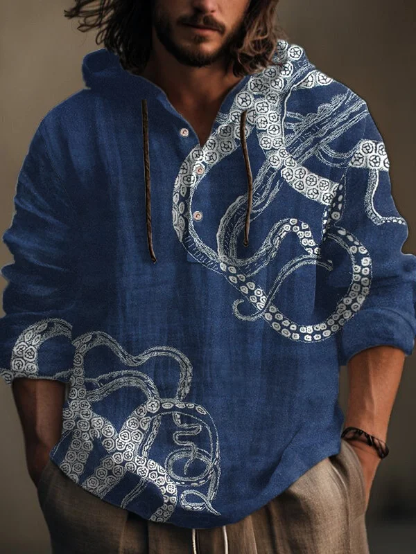 Men's Octopus Art Print Hooded Long Sleeve Shirt