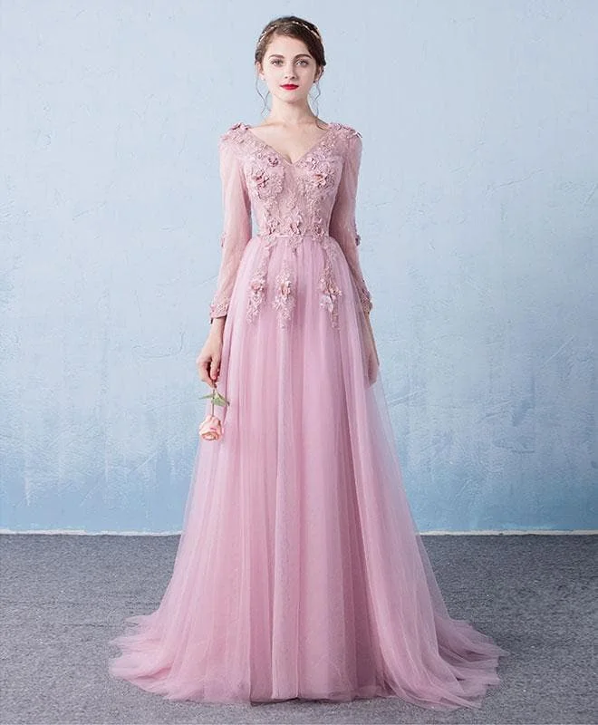Pink V Neck Tulle Lace Long Prom Dress, Pink Bridesmaid Dress