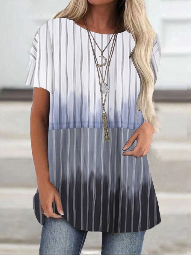 Women Short Sleeve Round Neck Striped Printed Top T-shirt