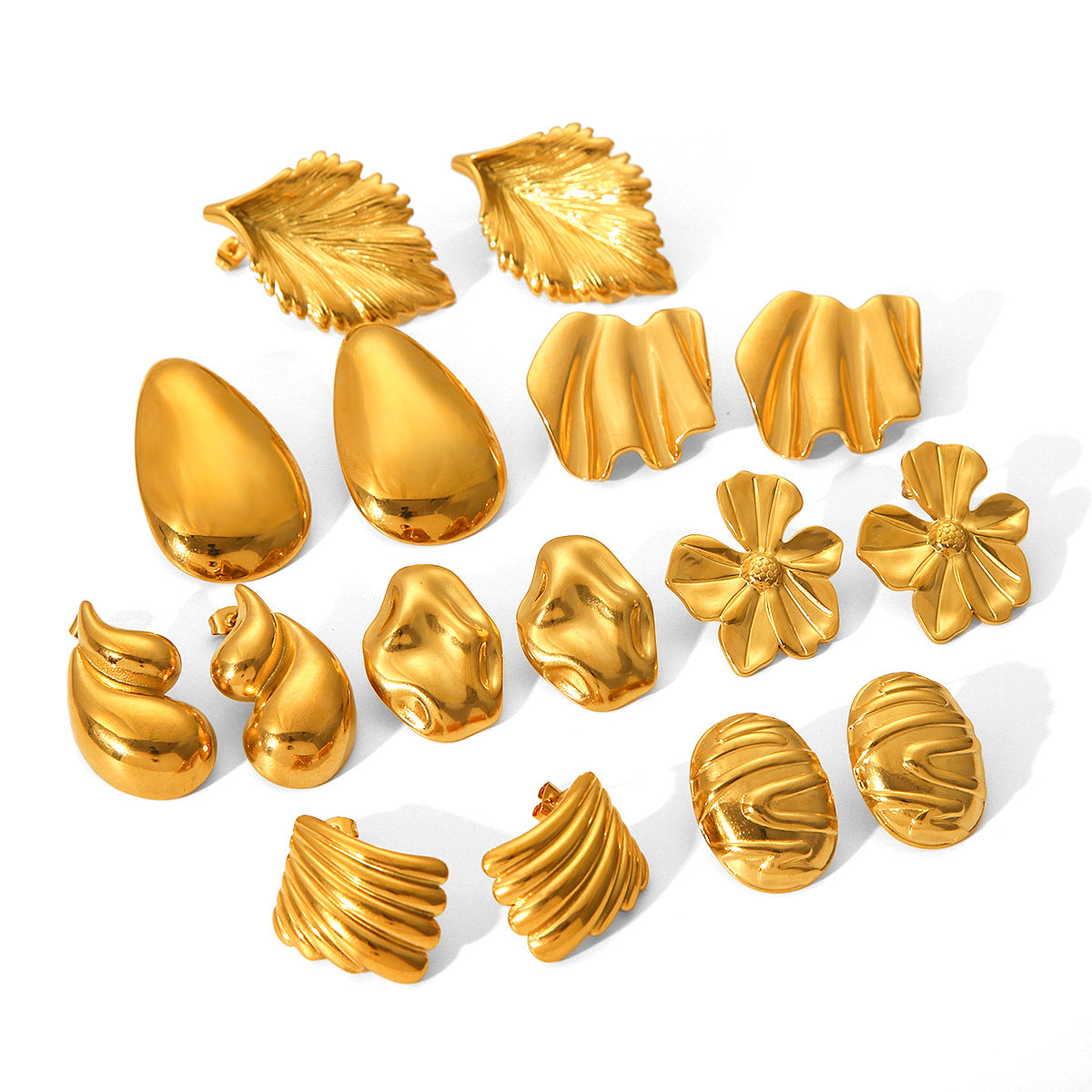 IG Style Irregular Pleated Conical Droplet Wave Geometric Leaf Flower Stainless Steel Electroplating Earrings
