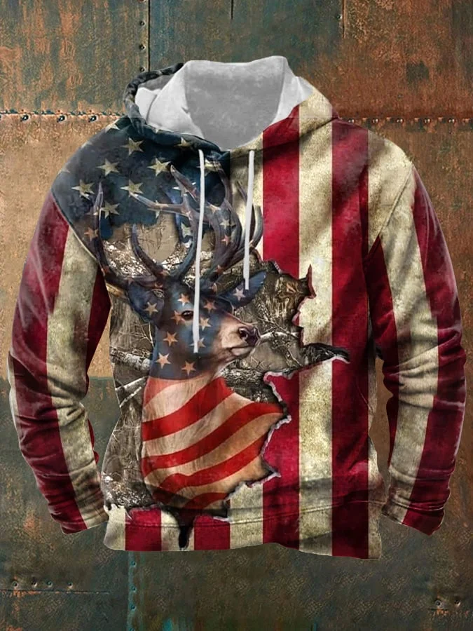 Men's American Flag Deer Head Print Hooded Sweatshirt