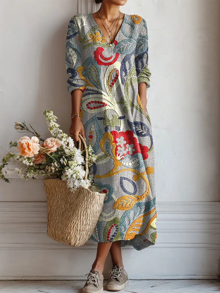 Women's Vintage Flower Art Print Linen Pocket Tunic Dress