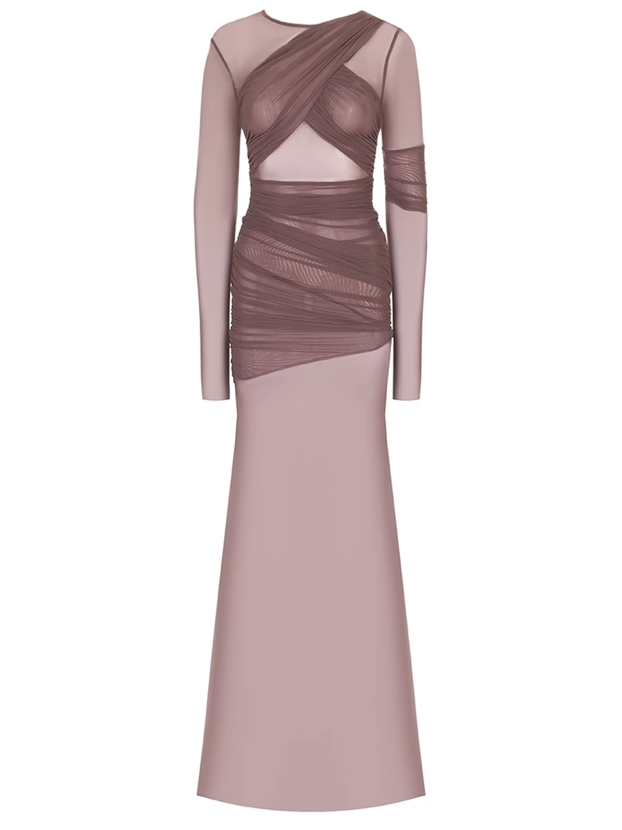 Elegant Mesh Patchwork Long Sleeve Bodycon Party Club Evening Dress Sexy Double Layer Perspective Vestido Autum Clothing