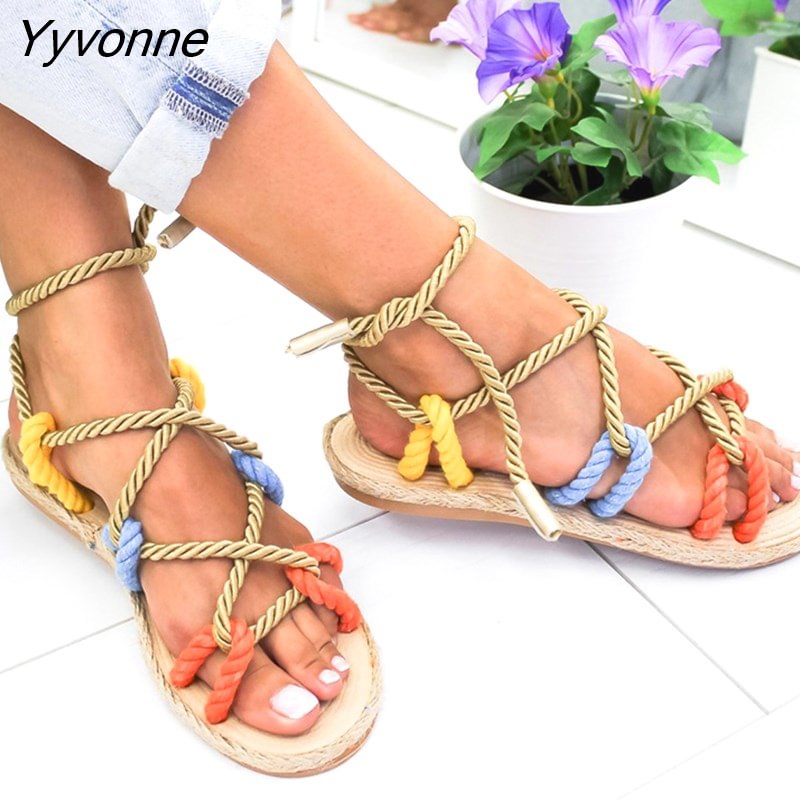Yyvonne Women Sandals 2023 Fashion Summer Shoes Woman Flat Sandals Hemp Rope Lace Up Gladiator Sandals Non-slip Beach Chaussures Femme