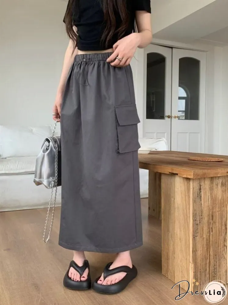 Joskka Long Cargo Skirt Women Korean Casual Split Drawstring Elastic Waist Pocket