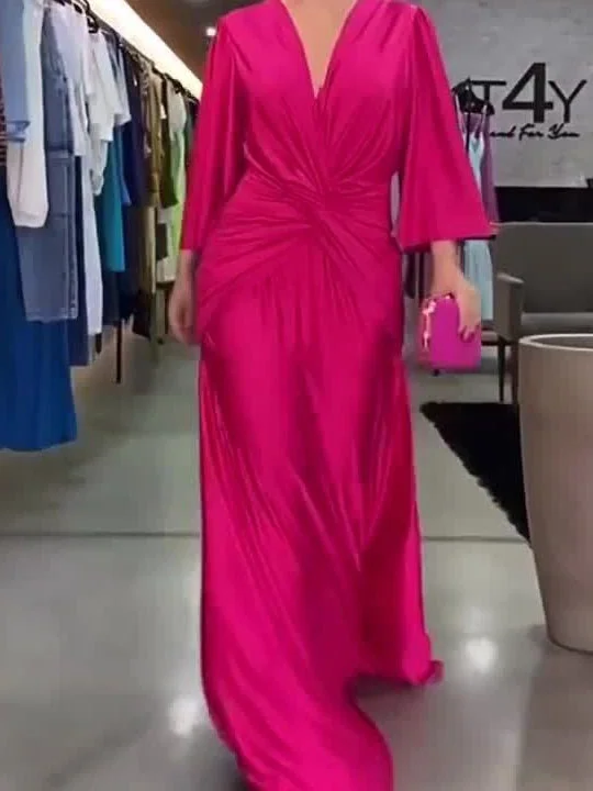 Women's 3/4 Sleeve V-neck Solid Color Maxi Dress