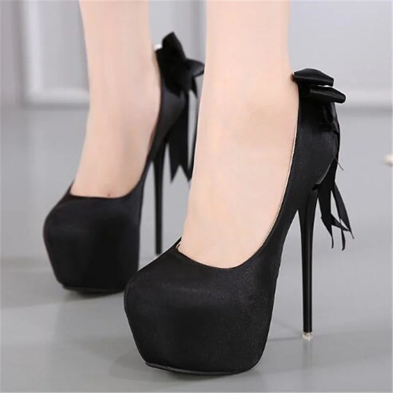 Vstacam  Women Sandals Silk Slip On 16CM Thin Heels High Heels Round Toe Butterfly-Knot Shallow Waterproof Women Shoes Size 35-42 Black